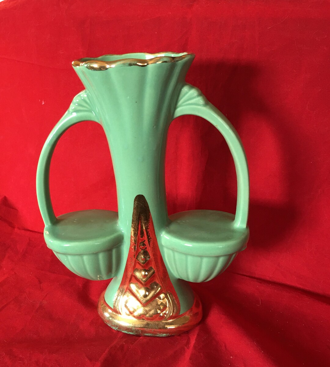 Antique Beautiful 9 Inch Two Handle Green Vase With Gold Trim Etsy