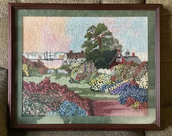 Vintage 2003  Framed and Matted Completed Crewel Cottage In A Garden Signed HB 2003