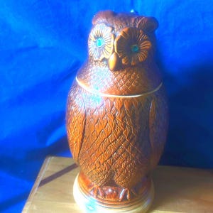 以下が含まれることがあります： 茶色の陶器製のフクロウ型容器で、蓋が付いています。 フクロウは、緑色の中心部とテクスチャ加工された表面を持つ、大きく詳細な目を持っています。 容器は明るい色のベースにあり、装飾品または収納ジャーである可能性があります。