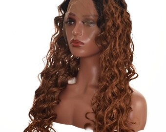 Zwarte karamelbruine Ombre natte krul Lace front pruik. Kiki