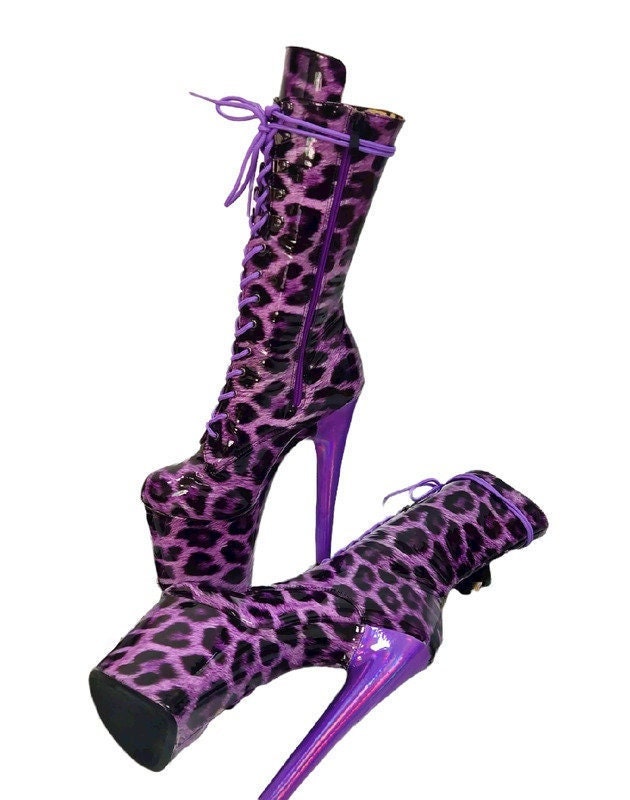 Purple Patent Leopard Print Vegan Leather Calf Length Stiletto Platform Drag Pole Boot