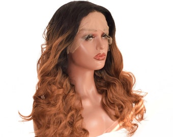 Zwarte Ombre karamel bruin golvende krul Lace front pruik. Imani