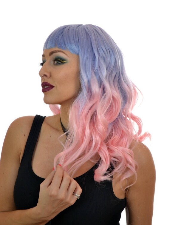 Electric Blue Pink Ombre Long Wavy Wig With Blunt Fringe Etsy