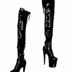 Shiny Gloss Black Thigh High Platform Boot. 20cm 8 Inch. Dragpole Shoes