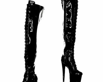 Shiny Gloss Black Thigh High Platform Boot. 20cm 8 Inch. Dragpole Shoes