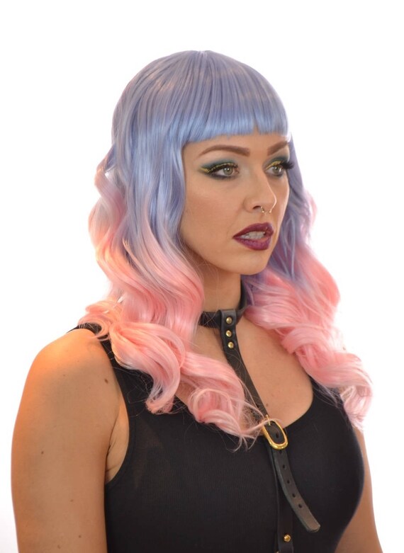 Electric Blue Pink Ombre Long Wavy Wig With Blunt Fringe Etsy