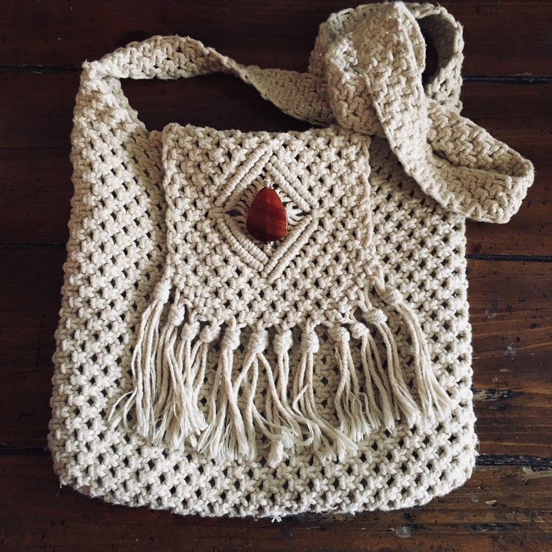 Vintage Boho Macrame Messenger Bag with added Agate Stone.