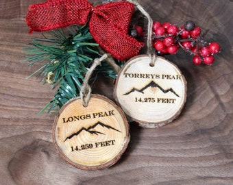 Wood Ornament - Colorado Fourteener Ornament on Pine Beetle Kill Wood - Christmas or Wedding Favor