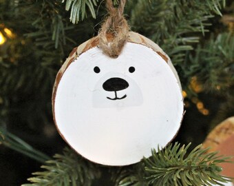 Wood Christmas Ornament - Polar Bear Wood Slice Animal Christmas Ornament - Hand Painted on Beetle Killed Pine