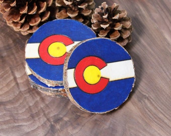 Colorado State Flag Coasters on Beetle Kill Pine Wood Slices - Set of 4 Coasters - Real Colorado Ponderosa Pine Wood