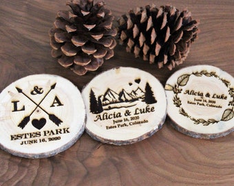 Personalized Wood Wedding Coasters - Rustic Mountain Wedding - Real Colorado Beetle Killed Pine Wood
