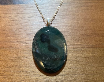 Natural Stone Necklace - Real Polished Moss Agate Pendant