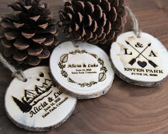 Personalized Wood Wedding Favor Ornament or Save the Date - Rustic Mountain Wedding - Real Colorado Beetle Killed Pine Wood