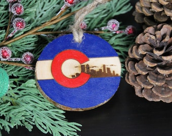 Wood Ornament - Colorado Flag with Skyline Ornament on Beetle Kill Pine Slices - Christmas or Wedding Favor