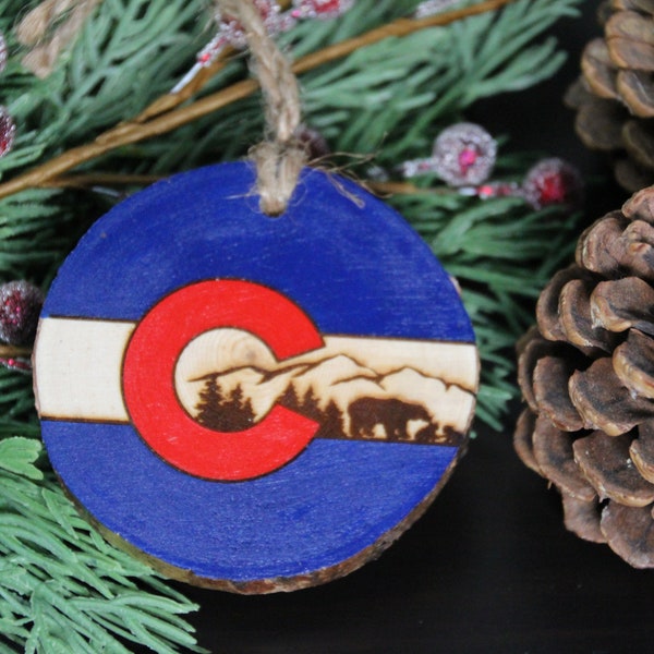 Wood Ornament - Colorado Flag Mountain Bear Ornament on Beetle Kill Pine Slices - Christmas or Wedding Favor