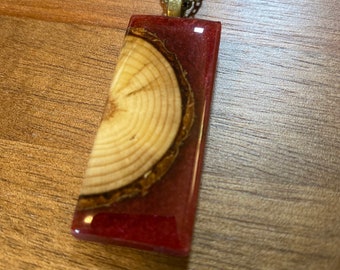 Wood Slice Necklace - Resin Jewelry - Real Pine Wood Slice in Copper/Red Resin