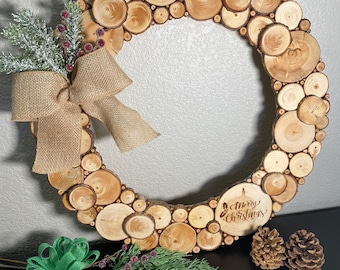 Rustic Wood Slice Christmas Wreath - Real Colorado Beetle Killed Pine Wood