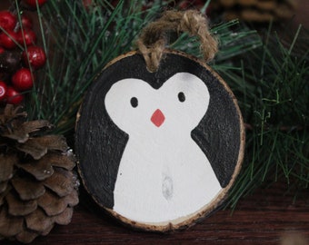Wood Christmas Ornament - Penguin Wood Slice Animal Christmas Ornament - Hand Painted on Beetle Killed Pine Wood