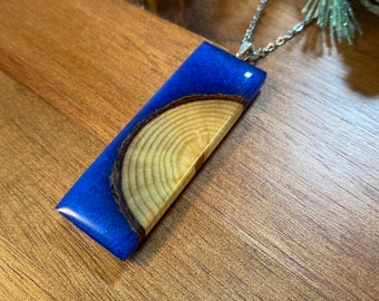 Wood Slice Necklace - Resin Jewelry - Real Pine Wood Slice in Blue Resin