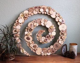 Large Wood Wall Art - Spiral - Real Pine, Elm, Cedar & Ash Wood Slices