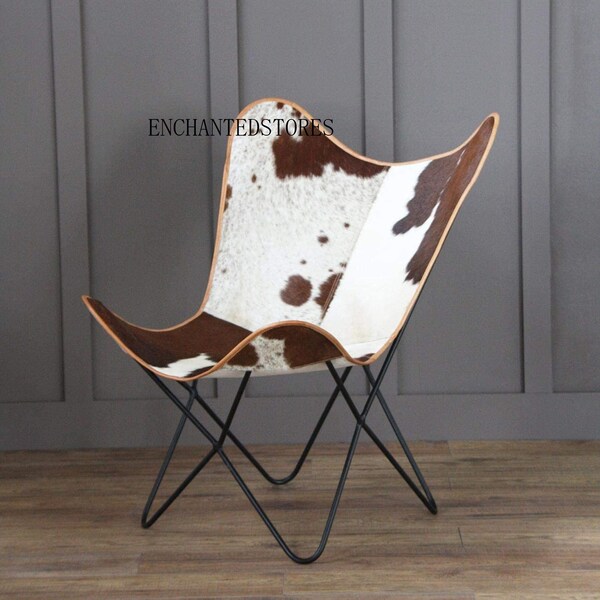 Lederen Vlinder stoel, Rundleer, Hair-On Leder Butterfly Chair, Woonkamer Stoel, Cadeau voor hem, Cadeau voor haar Paar Gift