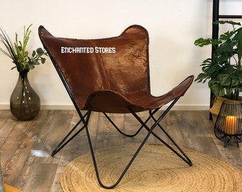 Housewarming Gift | Leather Butterfly Chair - Replacement Brown Cover | Leather Living Room Chair Handmade Genuine Leather