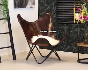 Housewarming Gift | Butterfly Chair Living Room Chair, Folding Chair, Lounge Chair, Dark Brown Leather Chair