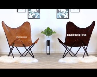 Butterfly Leather Chair, Living Room Chair - Butterfly Chair, Handmade Black Leather Cover with Black Iron Folding Stand