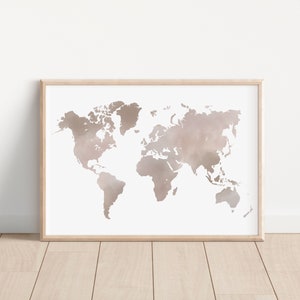 Watercolor World Map Digital Wall Art Print, Minimalist Neutral Watercolor Digital Printable Wall Art