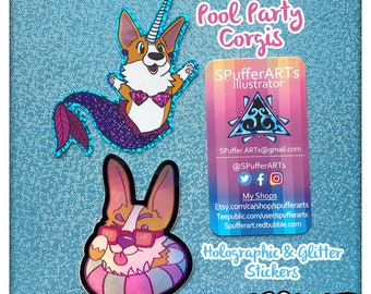Pool Party Corgis | Vinyl Sticker, Holographic Sticker