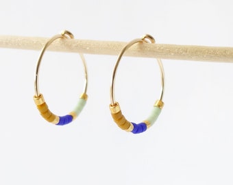 gold filled creoles with pastel tiny glass beads