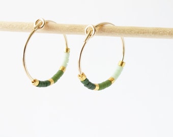 gold filled creoles with matt green tiny beads