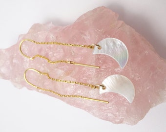 Earrings with genuine mother of pearl moons, very light to wear, unique and romantic, self-made, gold long chain filigree earrings