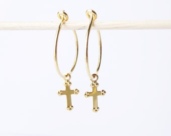 Ohrringe mit winzigen Kreuzen, hochwertige Creolen aus Vermeil (Echte Silber & Gold)