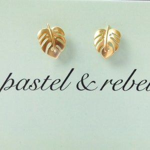earrings matte gold platted mini Monstera leaves, tiny leaf, green house, urban jungle style, exotic image 6