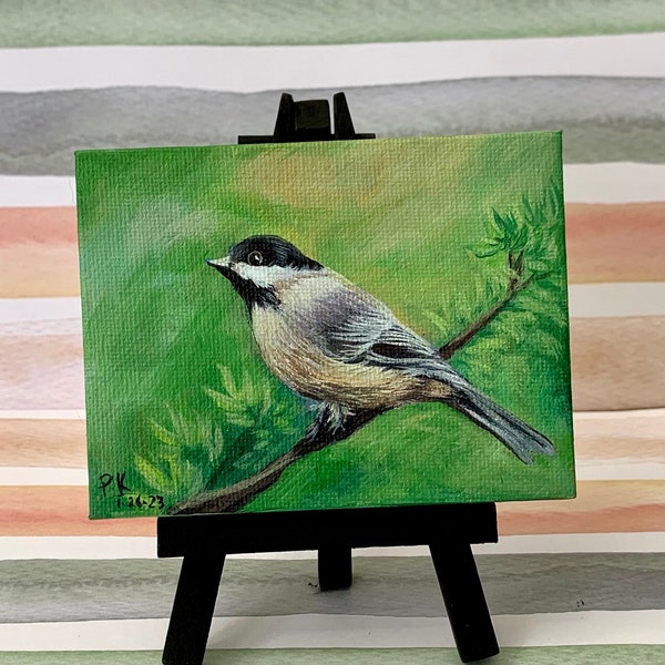 original small acrylic painting of a chickadee bird on canvas with free display easel | bird art