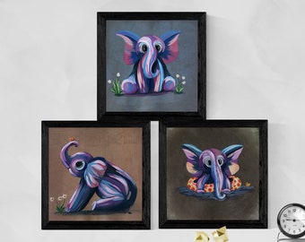 Cute baby elephants set of 3 prints |  Nursery wall art | Nursery Art Printable | Instant Digital Downloads | blue and pink