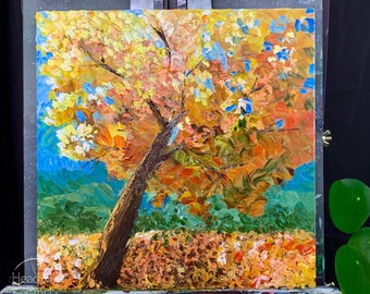 Original abstract Oil Painting on Canvas Panel of Autumn tree foliage