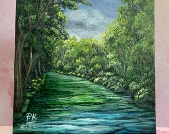 Original Small Acrylic Landscape Painting on Canvas with Free display easel |  river flowing down the forest