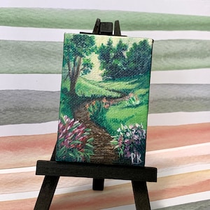 Original small Acrylic painting on canvas with FREE display easel| Walk in Garden | mini art | miniature painting