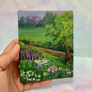 Original Small Acrylic landscape painting on canvas | path through a flower garden | Ready to display