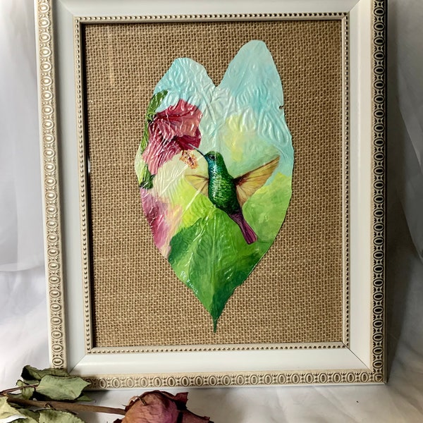 Original painting and Giclee Prints of Hummingbird and hibiscus flower on a real dry alocasia leaf | Framed Art | Ready to Display