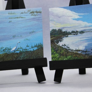 Set of two original small  acrylic paintings with display easels | California coast inspired | unique gifts | miniature paintings | mini art