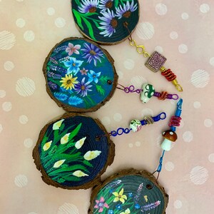 Hand Painted Wood Slice Ornaments and handmade wire hangers Flowers in Bloom cute handmade gifts home decor image 2