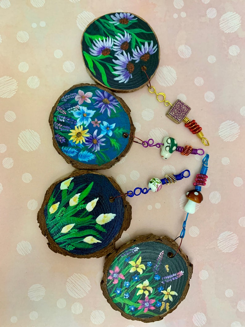 Hand Painted Wood Slice Ornaments and handmade wire hangers Flowers in Bloom cute handmade gifts home decor image 2