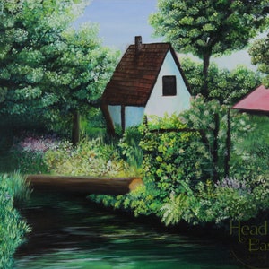 Barn next to a stream, Original Oil Painting on Canvas, Country Landscape  Painting