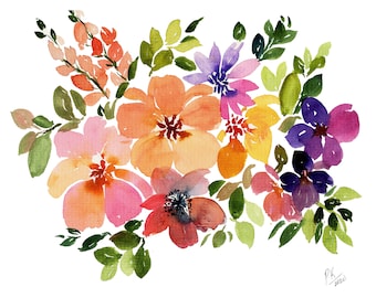 Watercolor Floral Bouquet Art Print | Colorful Spring Flowers (Digital Download)