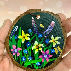 Hand Painted Wood Slice Ornaments and handmade wire hangers Flowers in Bloom cute handmade gifts home decor image 6