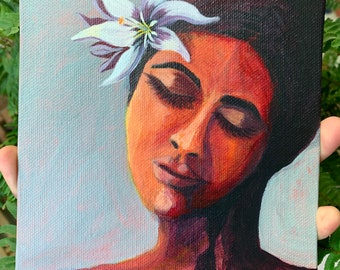 Original Painting portrait on Canvas with free easel | female floral face small painting | unique gift for her