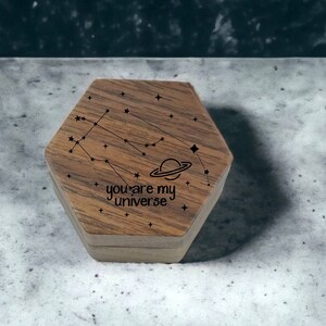 You Are My Universe Laser Engraved Honeycomb Hexagon Shaped Wooden Proposal Ring Box | Walnut Wood | Engagement Ring Box | Wedding Band Box